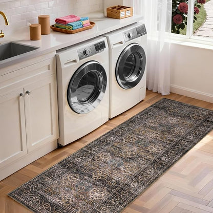 Washable Floral 2x6 Kitchen Rugs, Vintage Distressed Print Non Slip Hallway Runner, Retro Accent Ultra Thin Low Pile Throw Carpet for Entryway Bedroom Laundry Bathroom, Red Brown