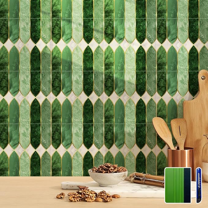 funlife Holographic Emerald Art Deco Peel and Stick Backsplash Self-Adhesive PVC Wall Tiles Easy DIY with Tools for Kitchen Bathroom and Laundry Room 5.9"x5.9"x10-Sheet Pointed Arch Marble