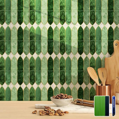 funlife Holographic Emerald Art Deco Peel and Stick Backsplash Self-Adhesive PVC Wall Tiles Easy DIY with Tools for Kitchen Bathroom and Laundry Room 5.9"x5.9"x10-Sheet Pointed Arch Marble