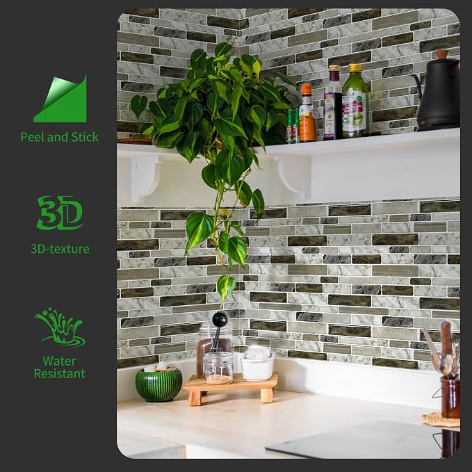 LONGKING Self-Adhesive Kitchen Backsplash, Marble Look Decorative Tiles (10 Tiles) (Multi) | Peel and stick backsplash, self-adhesive wall tile, Multi, marble, waterproof, kitchen bathroom wall, 10 tiles