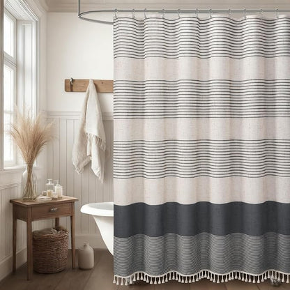 Dark Grey Boho Linen Striped Shower Curtain with Tassel 72"W X 72"L | Boho Farmhouse Shower Curtains with Linen Texture for Bathroom Decor