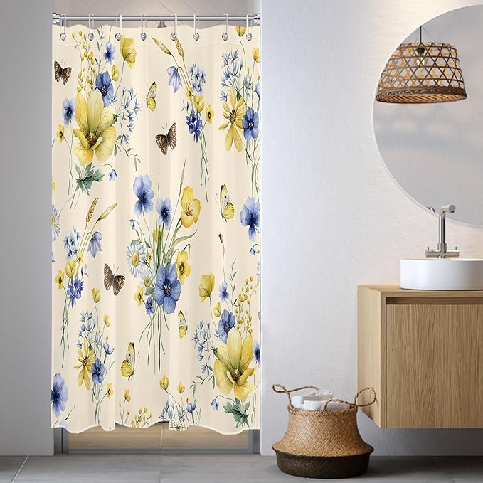HVEST Wildflower Shower Curtain for Bathroom, Blue and Yellow Floral and Wheat with Butterfly Shower Curtain with Hook, Country Daisy Flower on Beige Shower Curtain Set Bathroom Decor, 48X72 inch