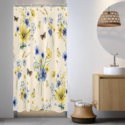 HVEST Wildflower Shower Curtain for Bathroom, Blue and Yellow Floral and Wheat with Butterfly Shower Curtain with Hook, Country Daisy Flower on Beige Shower Curtain Set Bathroom Decor, 48X72 inch