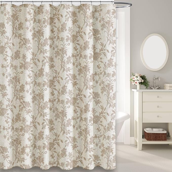 WOUVMA Extra Long Beige Shower Curtain Floral Cotton Linen Cottagecore Shower Curtain for Bathroom 84" L x 72" W