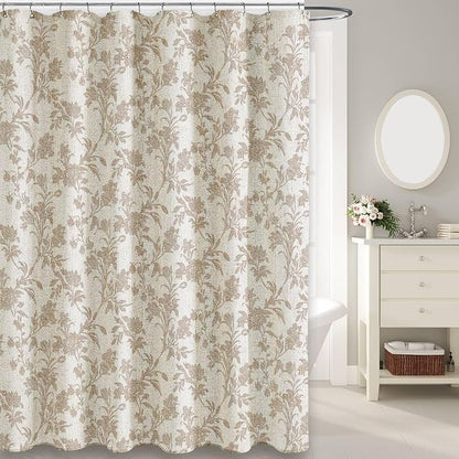 WOUVMA Extra Long Beige Shower Curtain Floral Cotton Linen Cottagecore Shower Curtain for Bathroom 84" L x 72" W