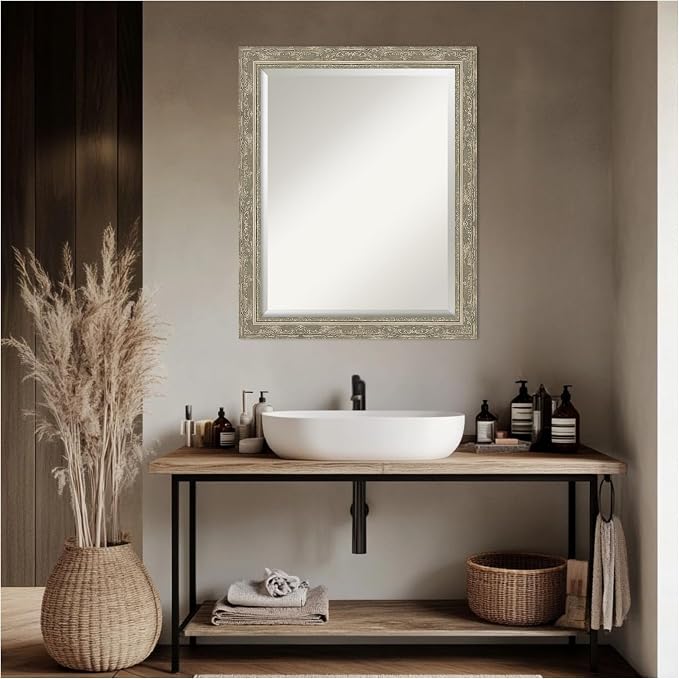 Amanti Art Silver Bathroom Mirror for Over Sink, 26x32 Filigree Silver Rectangle Vanity Mirror, Large Traditional Frame, Hangs Horizonally and Vertically, Bathroom Wall Decor, Beveled Edge
