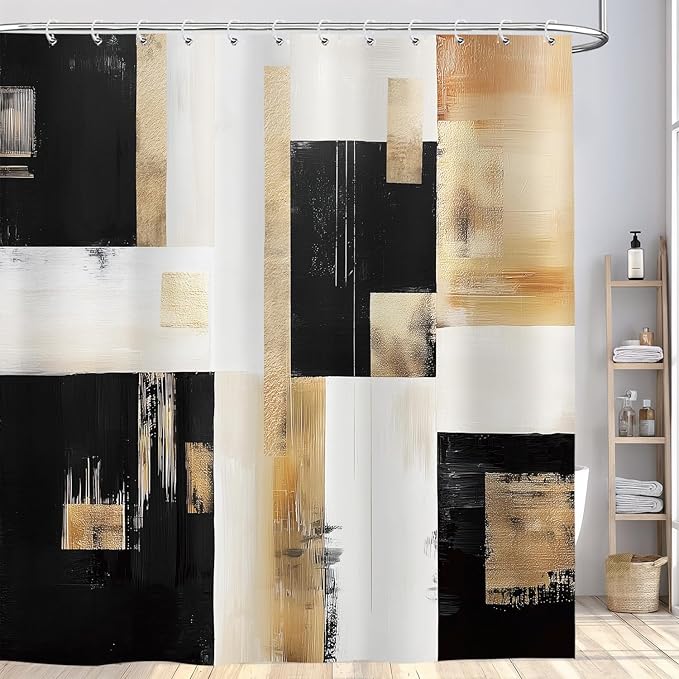 Black and Gold Abstract Shower Curtain, Boho Modern Art Aesthetic Oil Painting Shower Curtain Set, Brown Beige Neutral Artistic Fabric Shower Curtains for Bathroom with 12PCS Hooks 72X72IN
