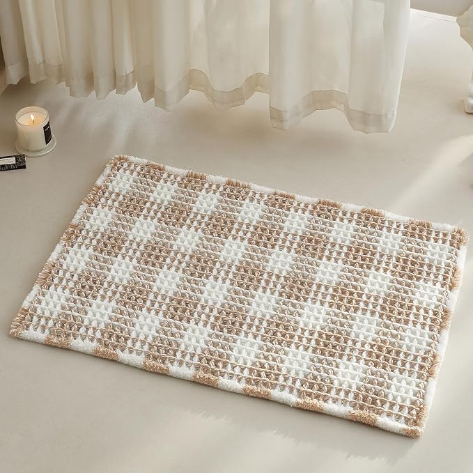 TYUU Waffle Bath Mat, Boho Bathroom Rugs Non Slip, 30x20 Khaki & White | Super Absorbent Quick Dry Bath Rug, Non-Slip Backing, Soft Waffle Washable Farmhouse Bathroom Mats, Tub, Shower & Home Decor