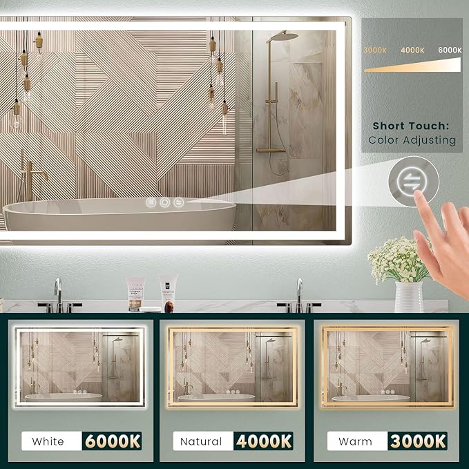 36" x 60" LED Bathroom Mirror with Lights, Memory Vanity Mirror | Anti-Fog, 3 Color Modes, Dimmable, Front Lit, Memory Function, Tempered Glass, Lighted Bathroom Mirror for Wall