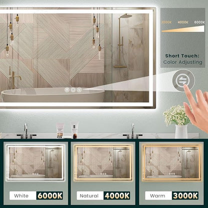 36" x 60" LED Bathroom Mirror with Lights, Memory Vanity Mirror | Anti-Fog, 3 Color Modes, Dimmable, Front Lit, Memory Function, Tempered Glass, Lighted Bathroom Mirror for Wall