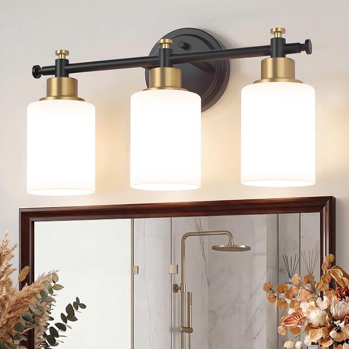 3 Light Black and Gold Bathroom Vanity Light Fixture over Mirror, 17.5'' | Vanity Lights for Bathroom, Bedroom, Living Room, White Frosted Glass Shades, Modern, E26(Bulbs Not Included)