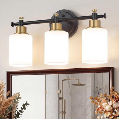 3 Light Black and Gold Bathroom Vanity Light Fixture over Mirror, 17.5'' | Vanity Lights for Bathroom, Bedroom, Living Room, White Frosted Glass Shades, Modern, E26(Bulbs Not Included)