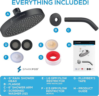 SparkPod 6" Rain Shower Head High Pressure w/ 6" Shower Arm, Charcoal Grey | High Pressure Shower Heads, 90 Nozzles, Adjustable Showerhead, No Tools Needed, Universal Connection, Gain Space & Style