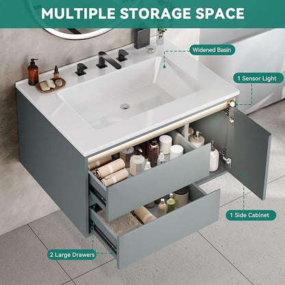 YITAHOME 31 Inch LED Floating Bathroom Vanity with Sink, Bathroom Vanities with Sensor Light, Wall Mounted Bathroom Storage Cabinet with 2 Large Drawers