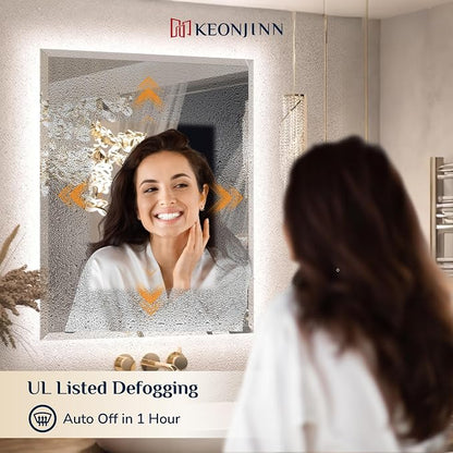 Keonjinn 20 x 28 Inch Backlit Mirror Bathroom, Beveled Edge Tempered Glass | Fast & Safe Defogging, Dimmable 3 Color Lights, Effortless French Cleat Installation, Smart LED Mirror for Bathroom, Barber