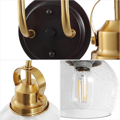 JONATHAN Y 24" Brass Gold/Oil Rubbed Bronze Shirley 3-Light Bathroom Vanity Light, Metal Wall Sconce, Clear Seeded Glass Shade, Modern Transitional Farmhouse Fixture, LED Bulbs Included (JYL7405B)