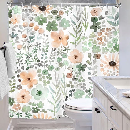 Green Gray Floral Colorful Cute Wildflower Boho Bathroom Shower Curtain Set | 72"W x 72"H Watercolor Funky; waterproof HD print, quick-dry fabric with 12 hooks for easy hanging.