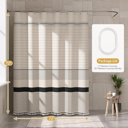 AmazerBath Boho Shower Curtain, Modern Farmhouse Shower Curtain Set with Tassels, Rustic Faux Linen Black Striped Shower Curtain with Hooks, Light Tan Toned, 72x72 Inches