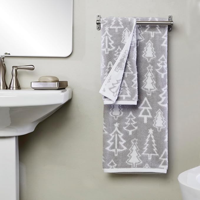 SKL Home Christmas/Winter Mod Tree Hand Towel Set-2pc, 100% Cotton, Gray | 500 GSM. Soft & absorbent. Reversible jacquard pattern. Great for the bathroom, kitchen or bar & holiday gift.
