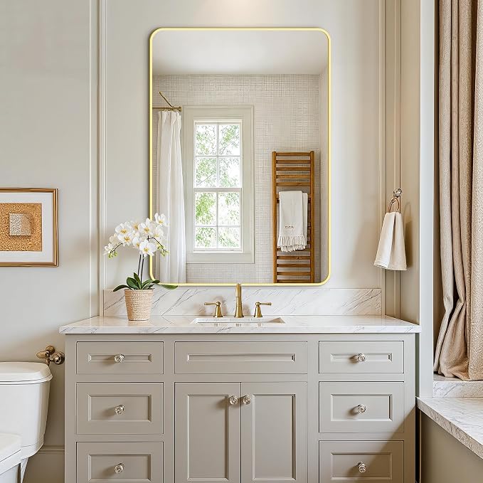 Vanity Bathroom Mirror, 40”x28” Gold Bathroom Mirror for Over Sink | HD Tempered Glass, Anti-Rust Frame, Vertical or Horizontal, Wall Mirrors for Bathroom Sink, Living Room, Entryway, Bedroom