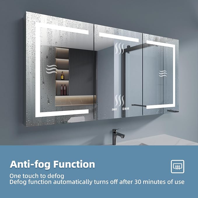 Medicine Cabinet with Lights 60x30 Anti-Fog Mirror Dimmable | 3 Color Dimmable LED. Time/Temp Display. Anti-Fog IP44. 2 Outlets+2 USB. Plug-in/Hardwired. Recessed/Wall Mount.