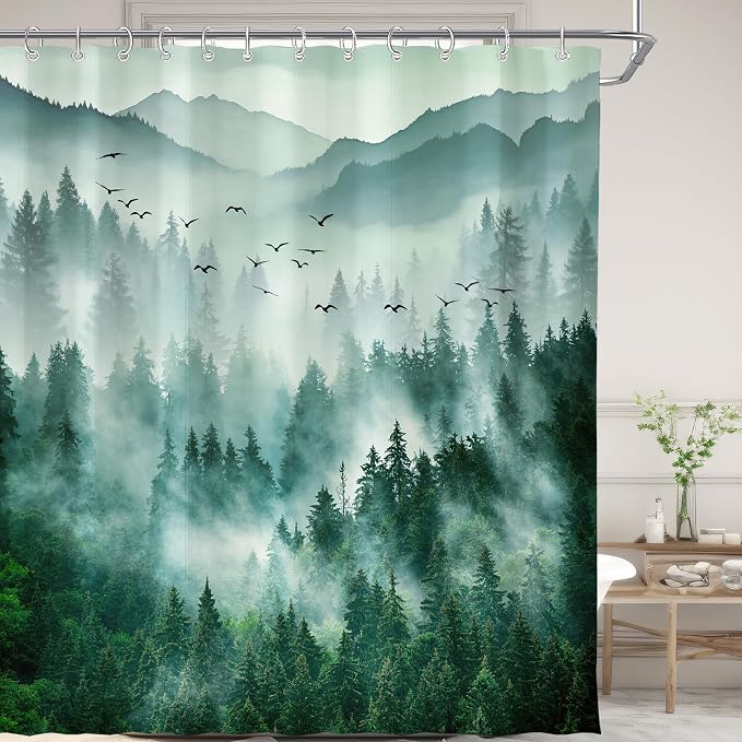 Green Misty Foggy Forest Mountain Shower Curtain for Bathroom 72W*72H Inch Nature Tree Woodland Bathtub Decor Pine Tree Natural Country Cool Masculine Aesthetic Waterproof Polyester Fabric