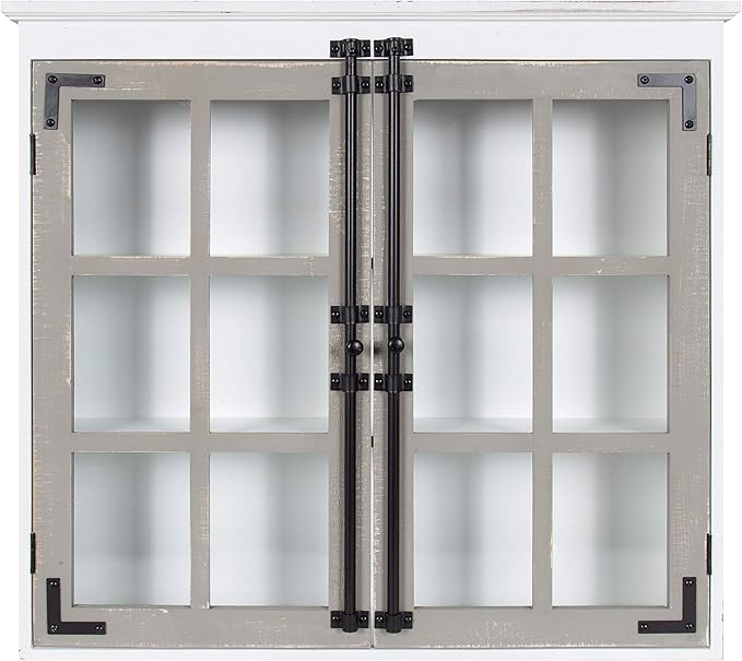 Kate and Laurel Hutchins Decorative Farmhouse Wood Wall Cabinet, 30 x 6.5 x 27.5, White and Gray, Wall Cabinet with Window Pane Glass Doors