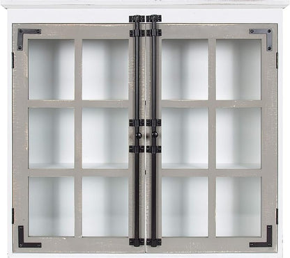 Kate and Laurel Hutchins Decorative Farmhouse Wood Wall Cabinet, 30 x 6.5 x 27.5, White and Gray, Wall Cabinet with Window Pane Glass Doors