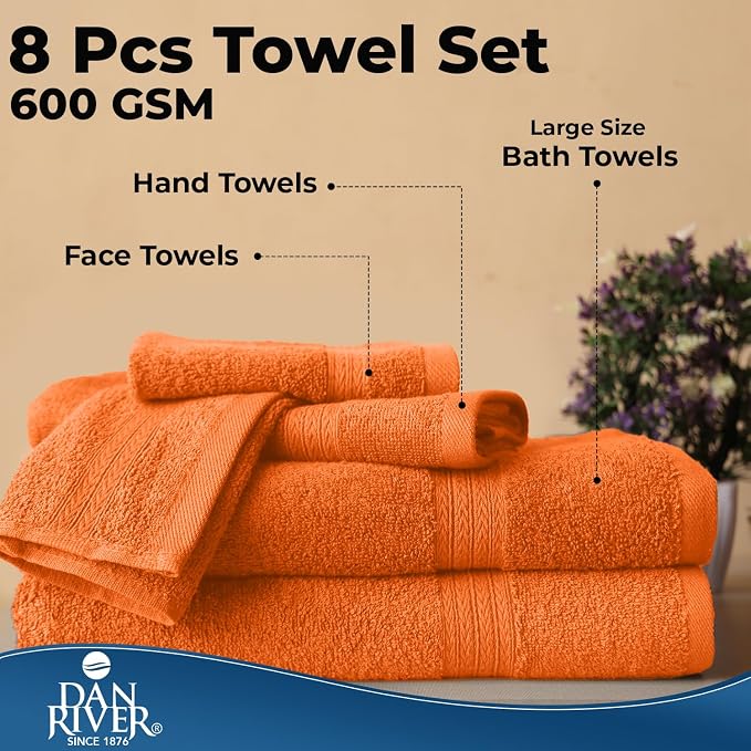 DAN RIVER 8 Piece Luxury Bath Towels for Bathroom, Towel Set, Orange | 2 Bath towels, 2 Hand towels, and 4 Wash Cloths, 600 GSM 100% Ring Spun Cotton, Highly Absorbent, Gym, Hotel, guest, and Spa