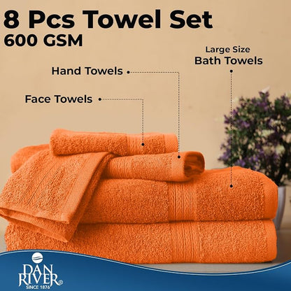 DAN RIVER 8 Piece Luxury Bath Towels for Bathroom, Towel Set, Orange | 2 Bath towels, 2 Hand towels, and 4 Wash Cloths, 600 GSM 100% Ring Spun Cotton, Highly Absorbent, Gym, Hotel, guest, and Spa