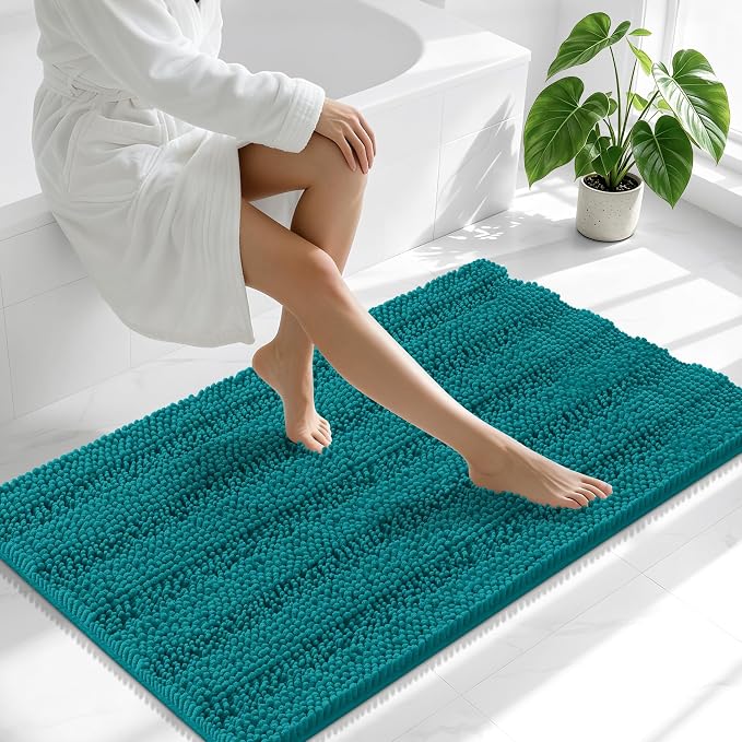 Smiry Thick Chenille Bathroom Runner Rugs 44x24, Soft Bath Mat, Deep Lake | Quick‑Dry & Machine Washable, Non‑Slip Bath Carpet, Striped Bath Rugs for Tub & Shower, Modern Home Decor Accessories