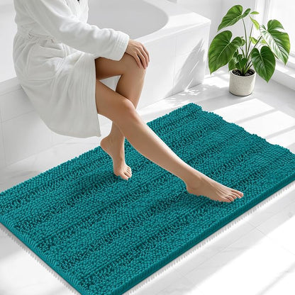 Smiry Thick Chenille Bathroom Runner Rugs 44x24, Soft Bath Mat, Deep Lake | Quick‑Dry & Machine Washable, Non‑Slip Bath Carpet, Striped Bath Rugs for Tub & Shower, Modern Home Decor Accessories