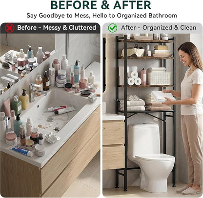 GloTika 4-Tier Over The Toilet Storage, Anti-Tilt, 69.3" H, Black Brown | Anti-Tilt Safety System, 150lb Capacity, Carbon Steel, Freestanding, Anti-Rust Coating, Paper Holder & 4 Hooks