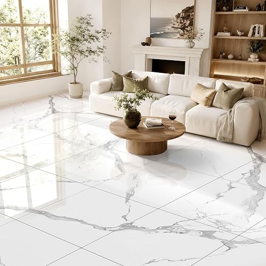DEXDE Peel and Stick Floor Tile 18x18 Marble Vinyl Flooring Waterproof 20PC | Floor Tiles Peel and Stick Waterproof, Self Adhesive Floor Tiles, Sticky Floor Tiles Bathroom Floor Tiles 1.5FTx1.5FT White