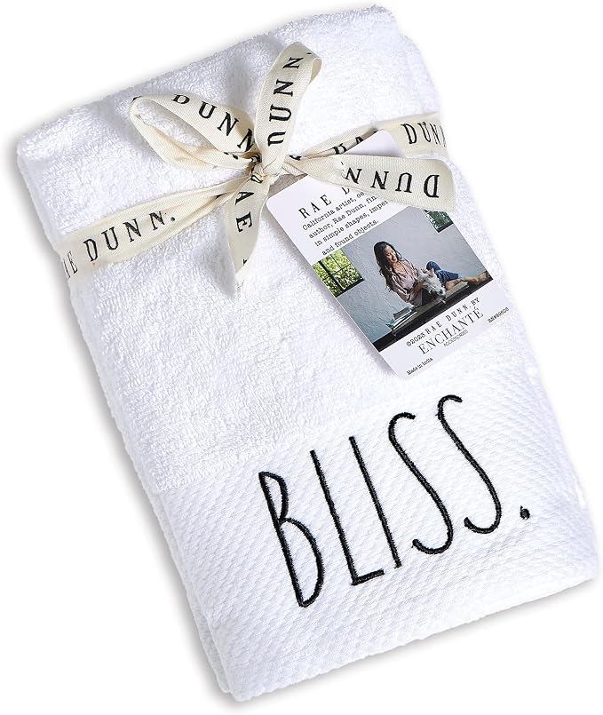 Rae Dunn Hand Towels, Embroidered Decorative Hand Towel for Kitchen and Bathroom, 100% Cotton, White- Fresh/Clean/Calm/Bliss, 16"x 28"