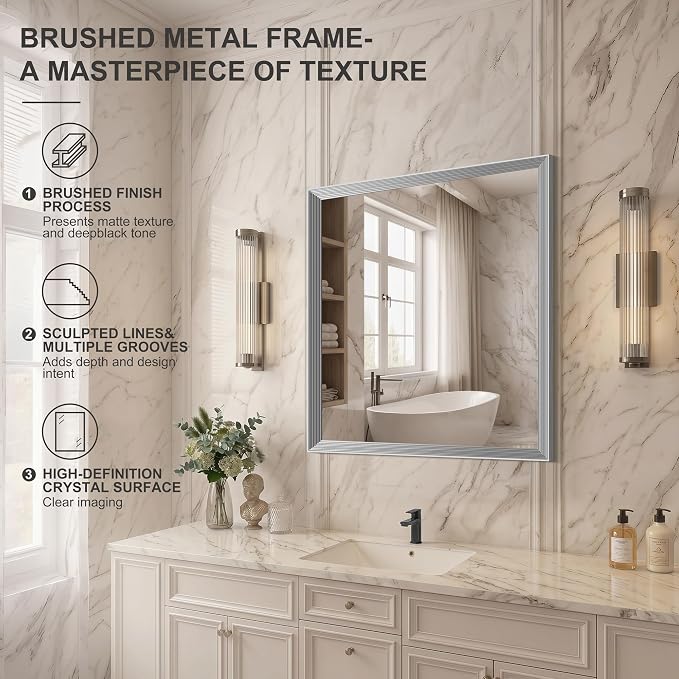 DESBING 30"x30" Silver Bathroom Mirrors for Over Sink | Tempered Glass, Metal Frame, Rectangle Vanity Wall Mirror for Bathroom, Living Room, Bedroom, Horizontally or Vertically