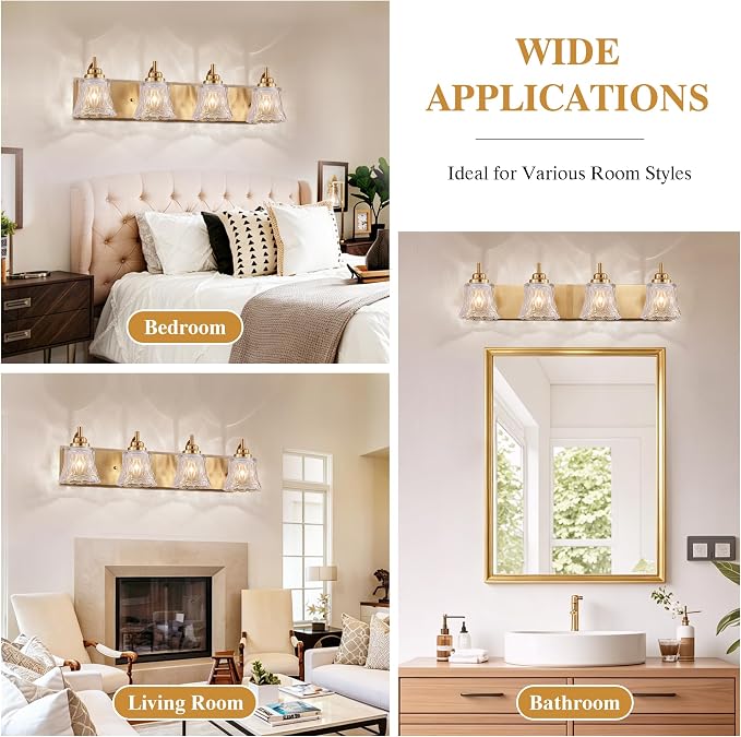 LmnLvn Brushed Gold Bathroom Light Fixtures, 4-Light Crystal Glass Shade | Mounted Over Mirror, Antique Brass Accents, Vintage Vanity Light for Bedroom & Living Room, Easy To Install