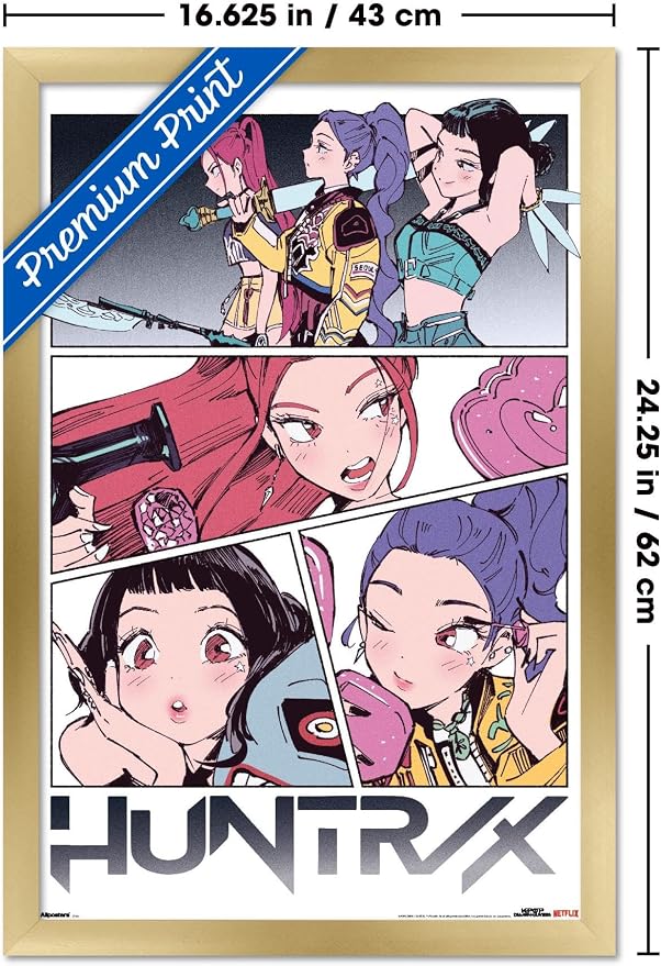 Trends International Netflix KPop Demon Hunters (2025) - Huntrix Manga Panels Wall Poster, 22.4L x 14.7W, Gold Framed Version