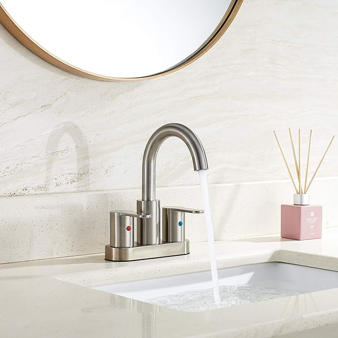 2 Handle Centerset Bathroom Sink Faucet Brushed Nickel with Drain Assembly, High Arc Modern 4 Inch Bathroom Vanity Lavatory Faucet 3 Holes with Brass 360° Swivel Spout, TAF067E-BN