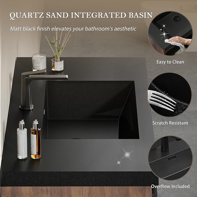 48" Floating Bathroom Vanity with Sink, Wall-Mounted Smoked Walnut Storage Cabinet, Wave-Textured Soft-Close Drawer & Matte Black Quartz Sand Basin