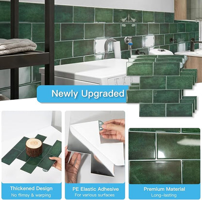 Art3d Faux Ceramic Tile Peel and Stick Backsplash, 10-Pack, Dark Green | 12.6 x 10.6 in, Thickened Design, Heavy-Duty, Strong Adhesive, for Kitchen, Bedroom, Countertop Decor, Ideal for Home Upgrade