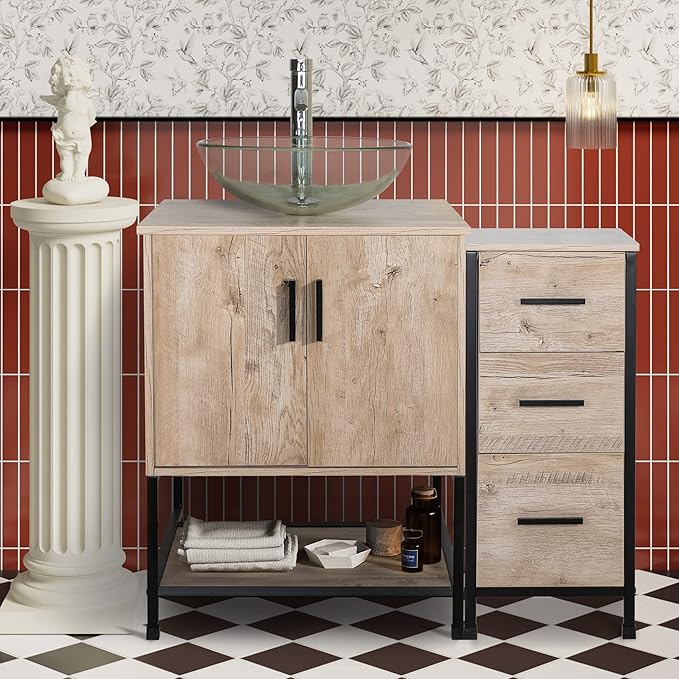 UEV 36" Bathroom Vanity, Oak Color Bathroom Vanity Set with Sink and 3 Drawers Side Cabinet Combo, with Adjustable Water Temperature Faucet (A16)