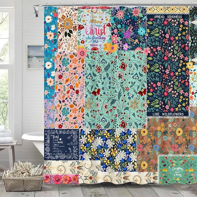 Boho Patchwork Floral Shower Curtain - Vintage Bohemian Colorful Flowers With Inspirational Quotes, Retro Funky Wildflower Hippie Eclectic Pattern, Fabric Waterproof 72"x72"