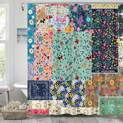 Boho Patchwork Floral Shower Curtain - Vintage Bohemian Colorful Flowers With Inspirational Quotes, Retro Funky Wildflower Hippie Eclectic Pattern, Fabric Waterproof 72"x72"