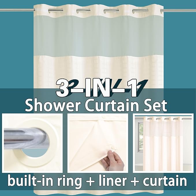 Conbo Mio Extra Long No Hook Shower Curtain with Snap in Liner Set, Hotel Luxury Beige Shower Curtains for Bathroom with See Through Top Window, Waterproof, Washable 71W x 84H