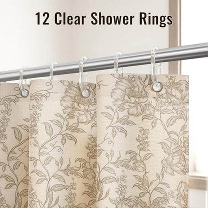 Farmhouse Beige Floral Shower Curtain with 12 Clear Rings 72"W x 72"L | Boho Fabric Faux Linen Shower Curtain Set, Vintage Cottagecore Shower Curtain for Bathroom