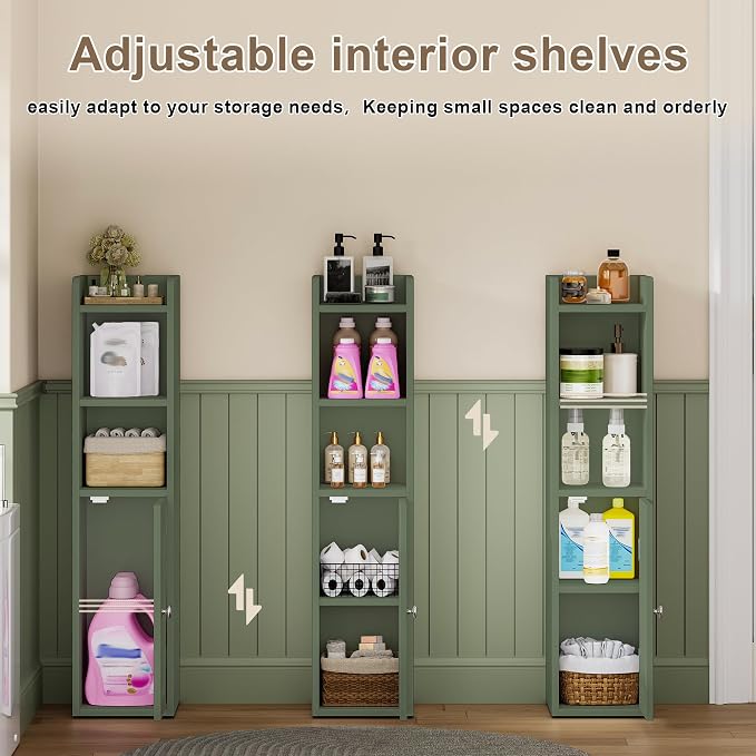ChooChoo Small Bathroom Storage Cabinet with Adjustable Shelf | 7.1“W * 7.9”D, Corner Floor Cabinet, Narrow Toilet Paper Cabinets, Slim Bathroom Organizers, Small Spaces, Bathroom, Green