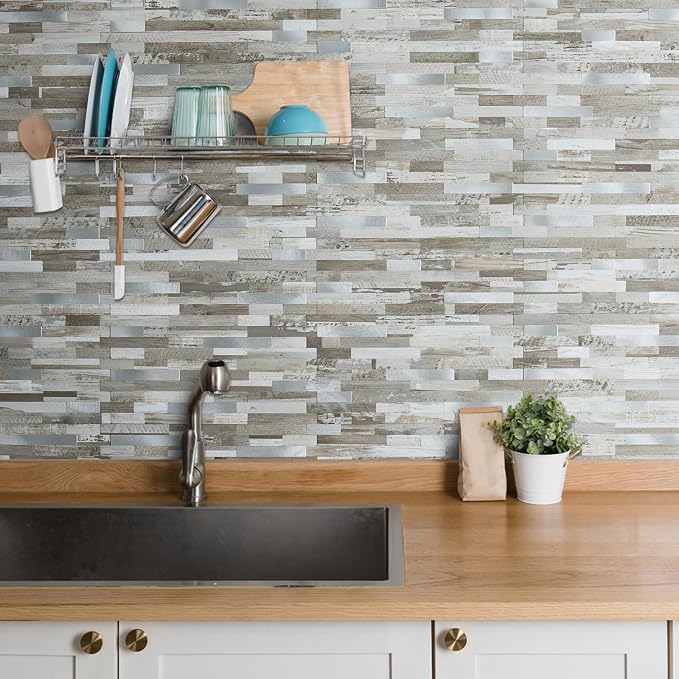 AULIGET Peel and Stick Backsplash, Coffee & Brown Wood Look PVC Mixed Metal Stick on Bathroom Backsplash, 2