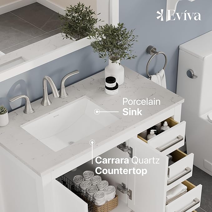 Eviva Aberdeen 36 in. White Single Sink Bath Vanity with Carrara Quartz Top and Undermount Porcelain Sink