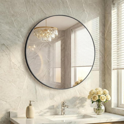 24 Inch Black Round Bathroom Wall Mirror, Round Mirrors for Wall Decor, Circle Mirror for with HD Shatter-Proof Glass for Entryway, Living Room, Bedroom, Dressing Room, Home Decor